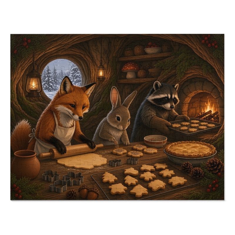 Christmas Cookies Woodland Critter Bakers Jigsaw Puzzle, Fox Bunny Raccoon Kitchen, Tin Box (252 Pieces)