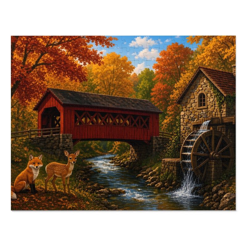 Cozy Cottage Seasons Autumn Bridge Jigsaw Puzzle, Covered Bridge Mill, Tin Box (252 Pieces)