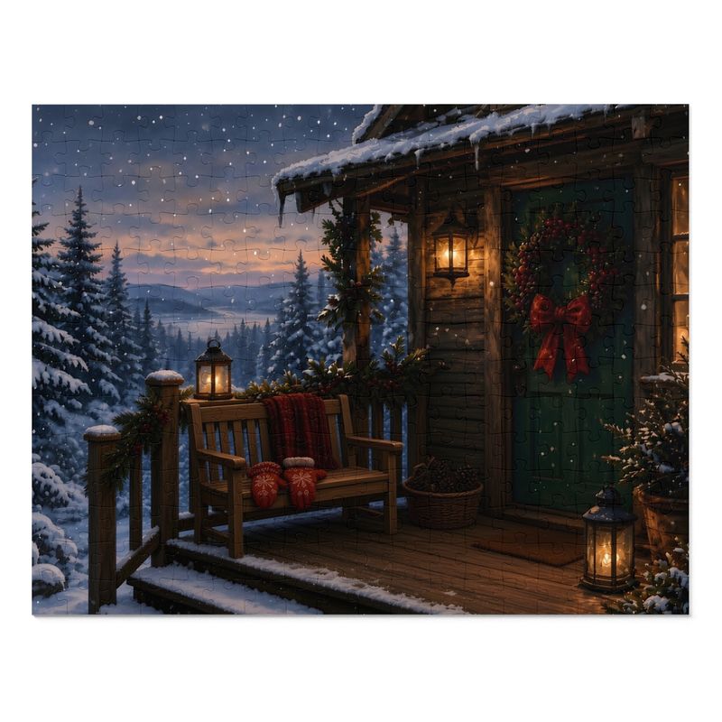 Cozy Cottage Seasons Cabin Porch Jigsaw Puzzle, Snowy Lake Evening, Tin Box (252 Pieces)