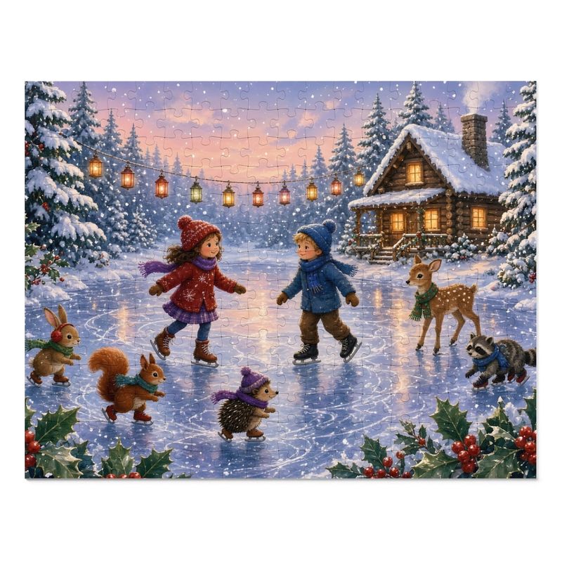 Cozy Cottage Seasons Ice Skating Pond Jigsaw Puzzle, Winter Woodland Friends, Tin Box (252 Pieces)
