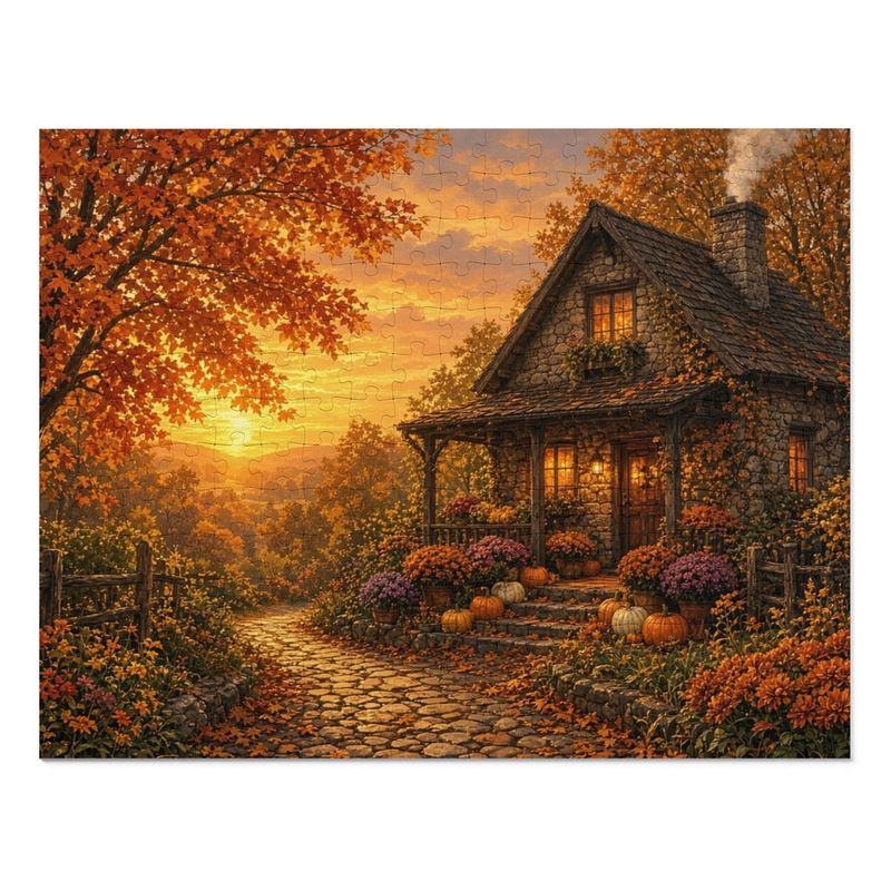 Cozy Cottage Seasons Stone Cottage Sunset Jigsaw Puzzle, Fall Porch, Tin Box (252 Pieces)