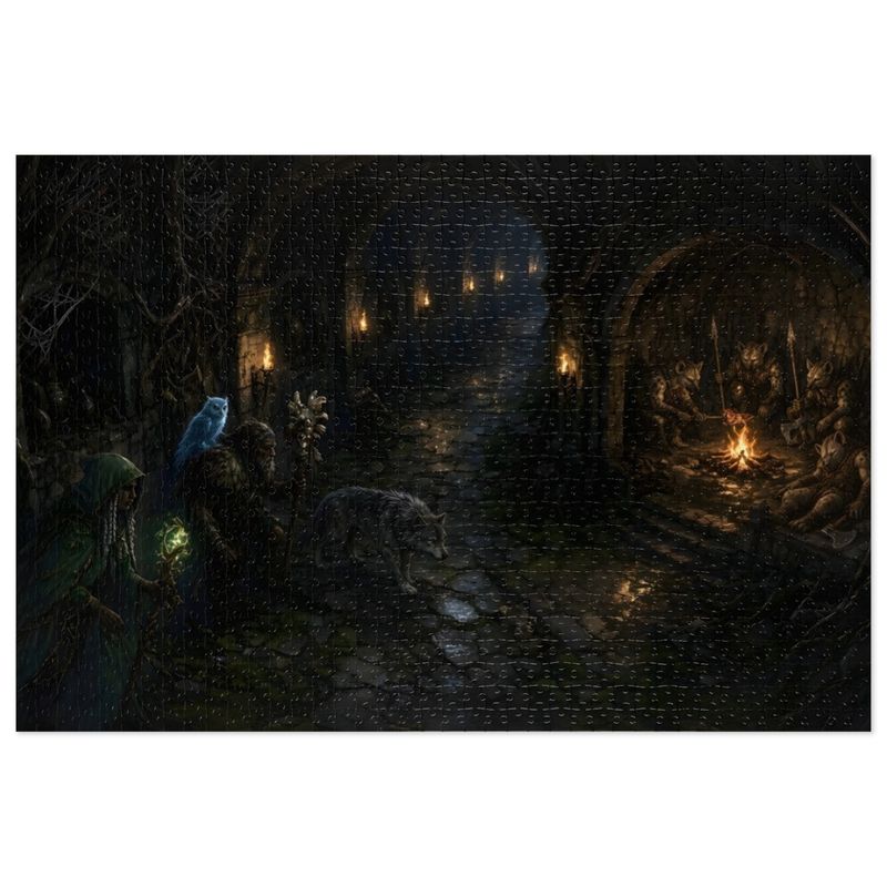 Druid Dungeon Fantasy Jigsaw Puzzle in Tin, 1000 or 500 Pieces, Wolf Companion Gnoll Lair Puzzle Gift