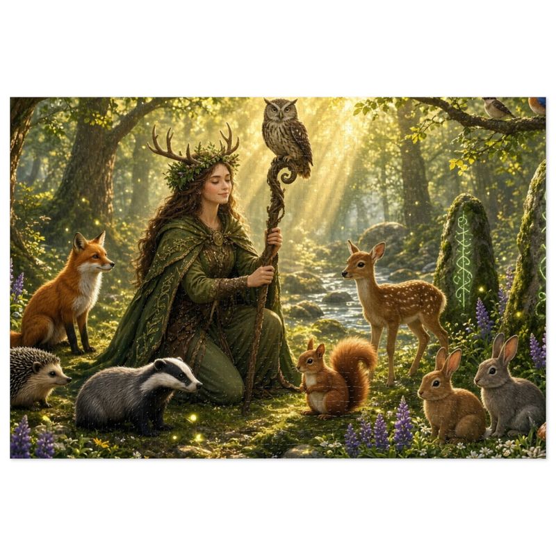 Druid Fantasy Jigsaw Puzzle, Enchanted Forest Animals, 1000 or 500 Pieces (Tin Box)